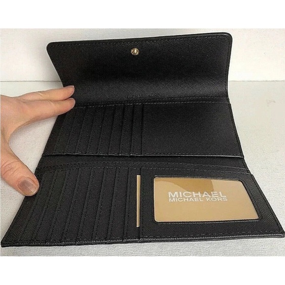 New Michael Kors Jet Set Travel Large Trifold Wallet Leather Black with Silver - Picture 5 of 6